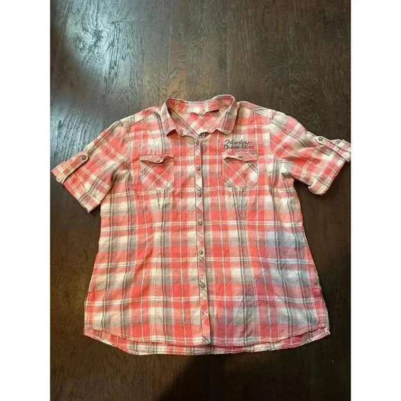 Harley Davidson Short Sleeve Plaid Button-Up Shirt - b42 - Picture 3 of 9